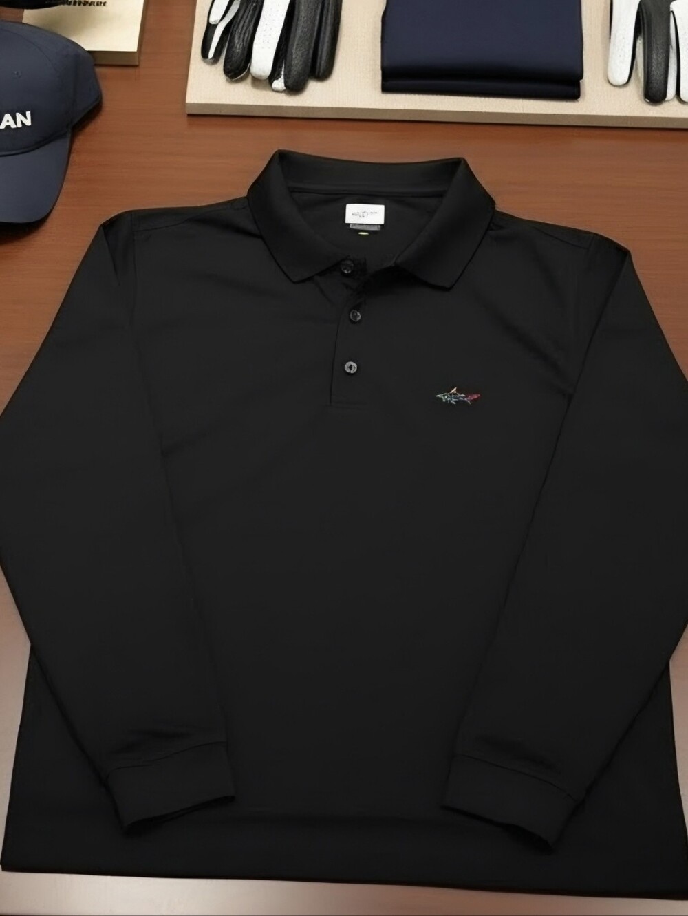 Greg Norman Collection Black Polo with Multicolor Shark Embroidery XL